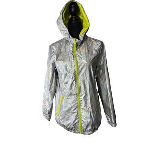 Cat & Jack Kids XL Silver Iridescent Hooded Rain Jacket Neon Trim‎ Windbreaker